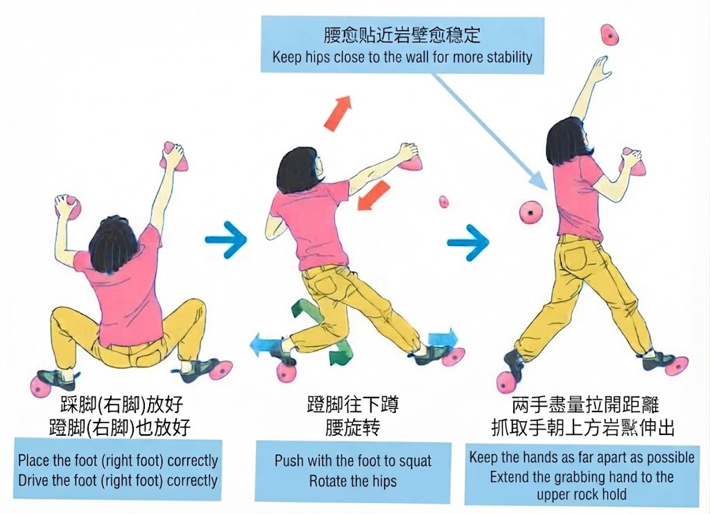 Drop knee: place the foot, squat and rotate the hips, then reach.