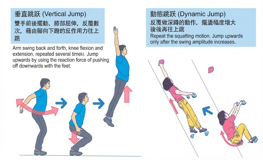 Dyno: a vertical jump from the ground, and a dynamic jump on the wall.