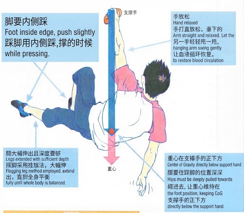 Flagging: inside-edge the standing foot and extend the free leg as a counterweight.