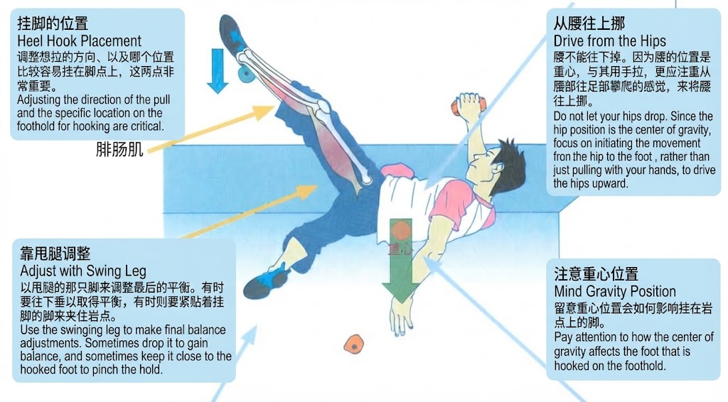 Heel hook: placement, drive from the hips, swing-leg balance, and centre of gravity.