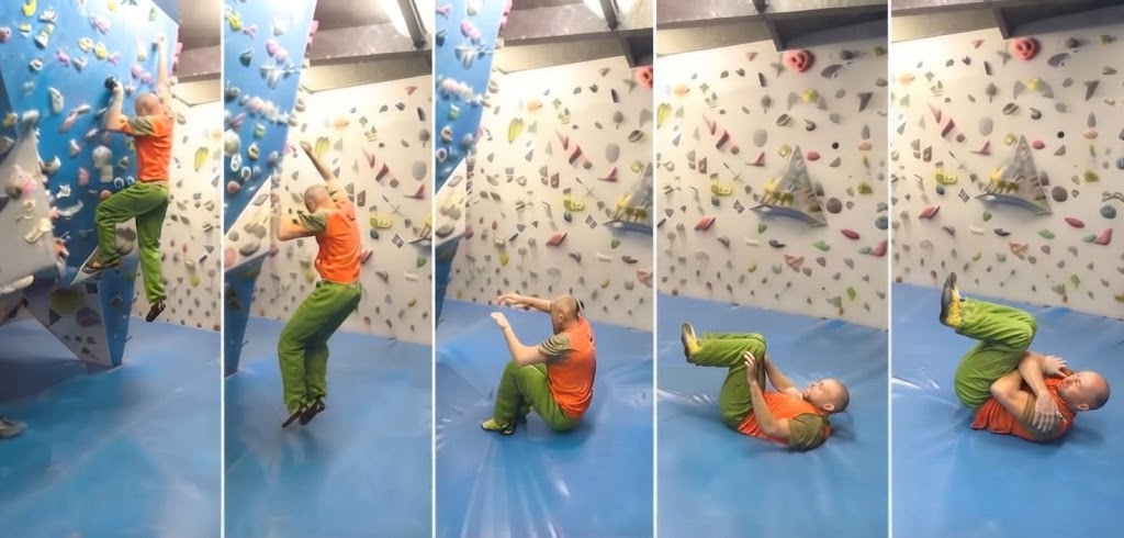 Safe descent: leave the wall, land, and roll with the knees tucked.