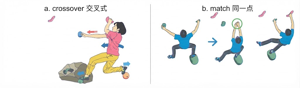 Hands and feet transition: crossover across the body, then match on the same hold.